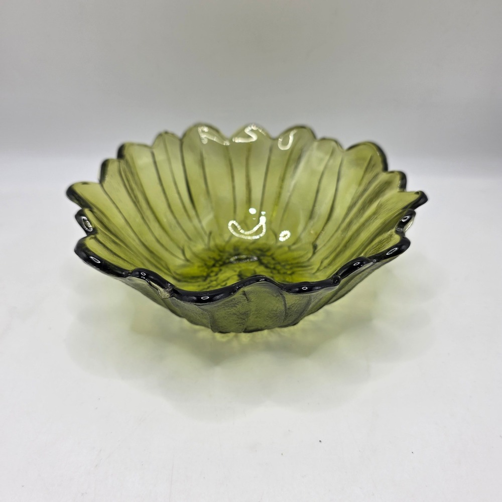 Indiana Glass Serving Bowl Olive Green Daisy Sunflower Vintage Avocado 7"